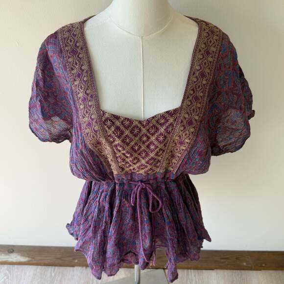 Free People Purple Paisley Embroidered Drawstring Waist Boho Blouse - Picture 12 of 12